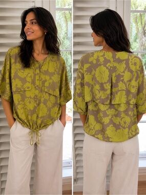Diane Von Furstenberg Olive Green Floral Drawstring Blouse